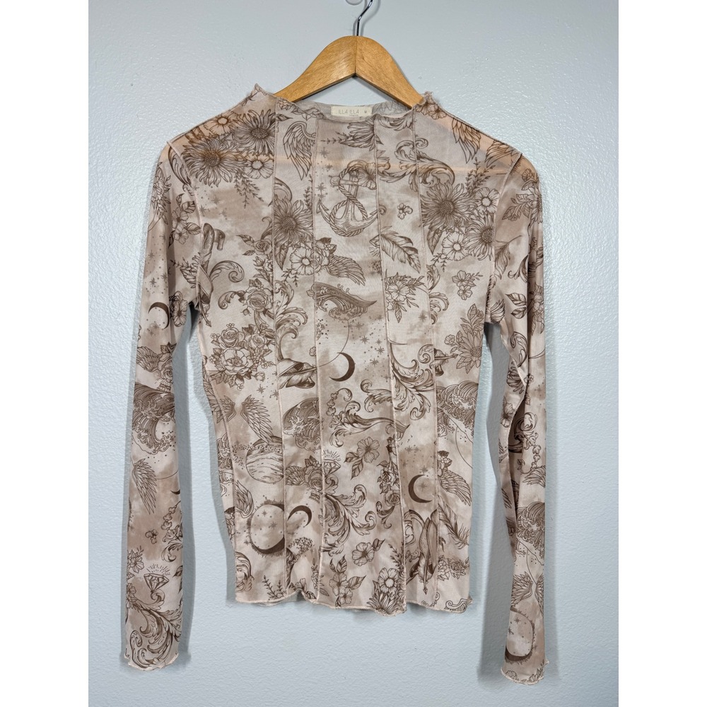 Mesh Tattoo Print Top Women M Tan Celestial Long Sleeve ILLA ILLA‎